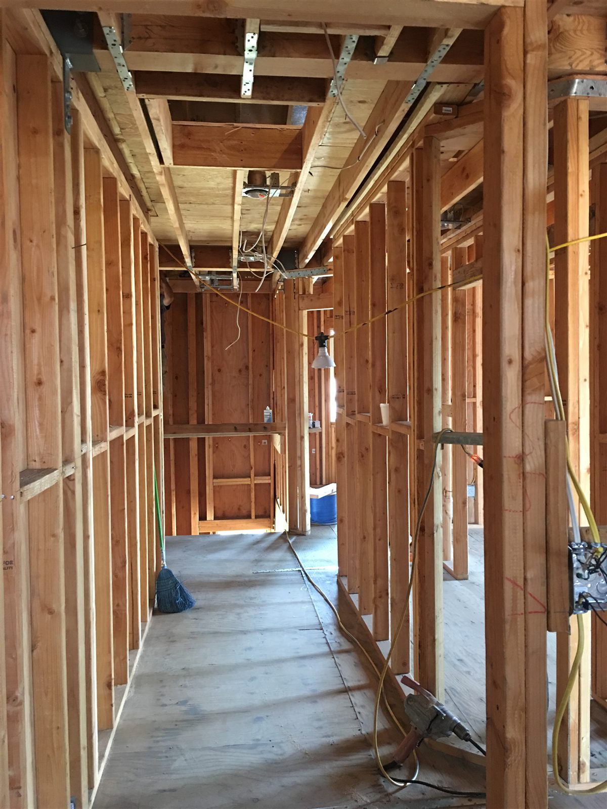 Interior wood framing with electrical rough-in and ceiling reinforcement